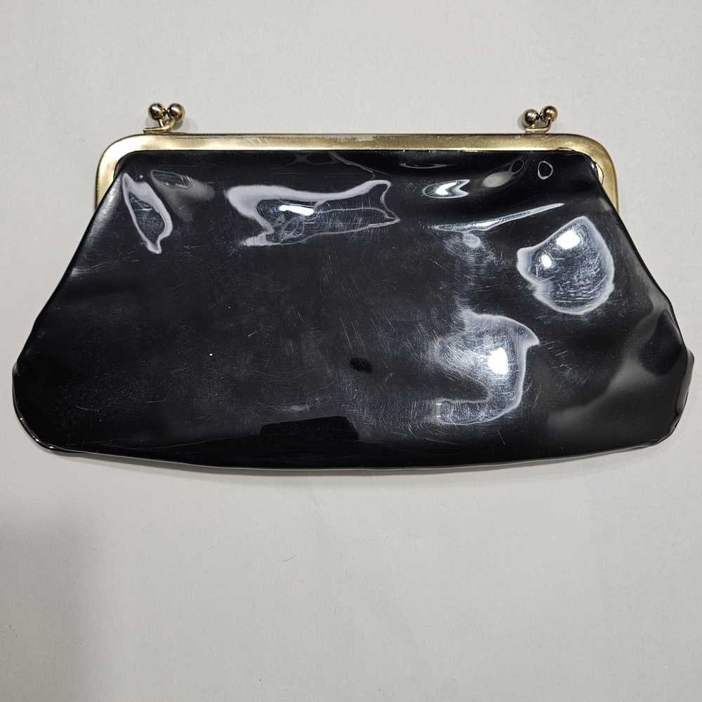 Vintage Patent Vinyl Clutch Women Small Black Kiss Lock Evening Bag Gold Tone